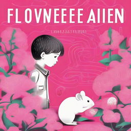 A captivating book cover design, showcasing a boy and a white mouse exchanging glances on a bold pink flower, set against a maze-like background. The title 'Flowers for Algernon' is inscribed at the top