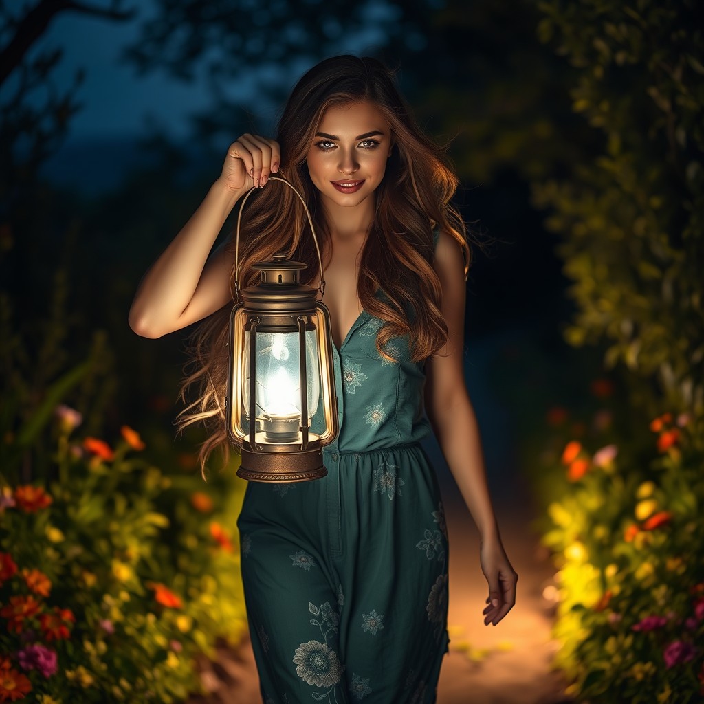 A beautiful woman with long, flowing hair, confidently holding the handle of a vintage lantern, illuminating a stunningly picturesque path in the dark