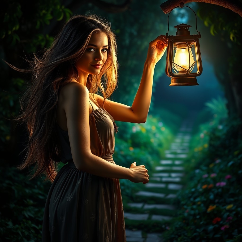 A stunning woman with long, flowing hair, confidently holding the handle of a vintage lantern to illuminate a beautifully picturesque path in the dark