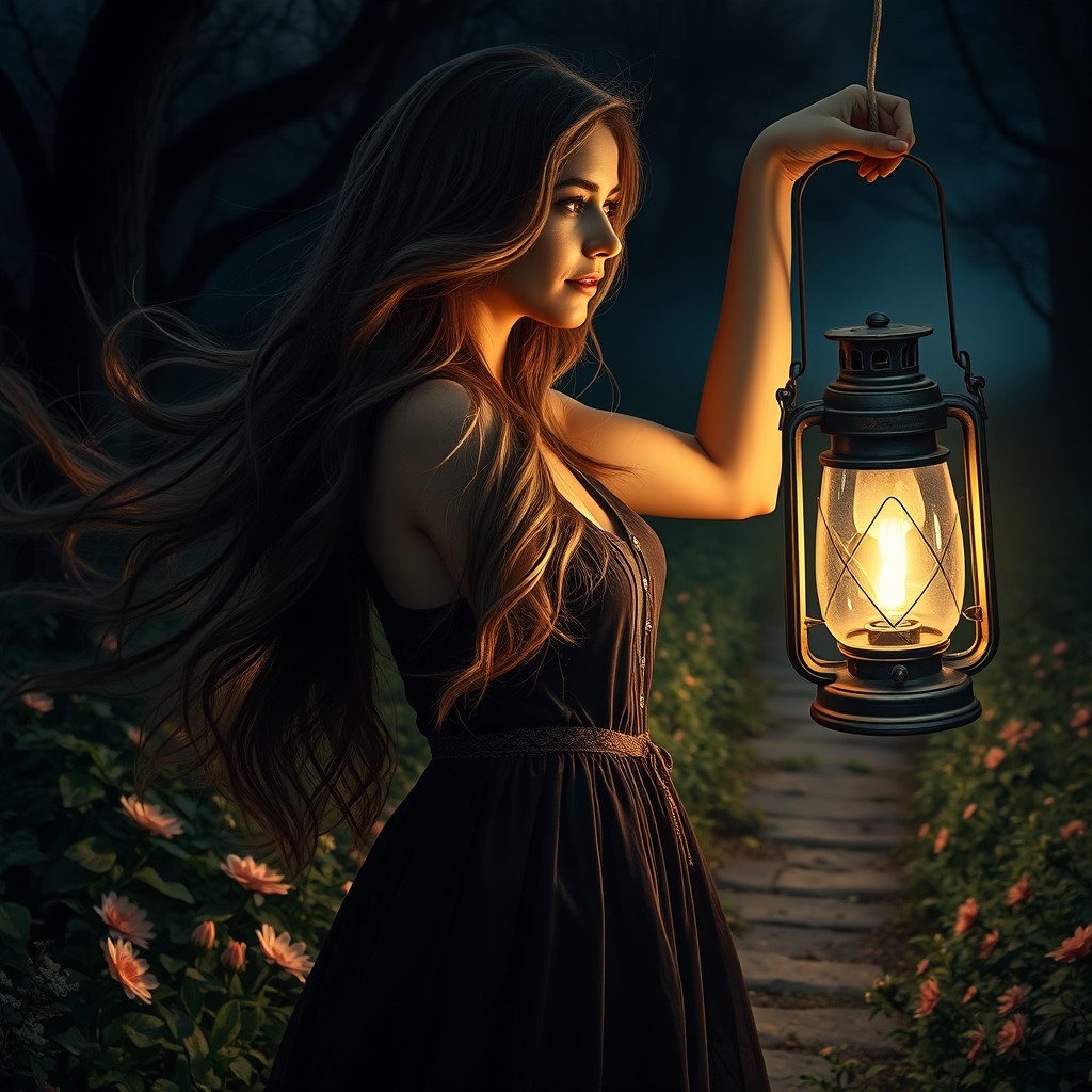 A beautiful woman with long, flowing hair, elegantly holding the handle of a vintage lantern to illuminate a breathtakingly beautiful path in the dark