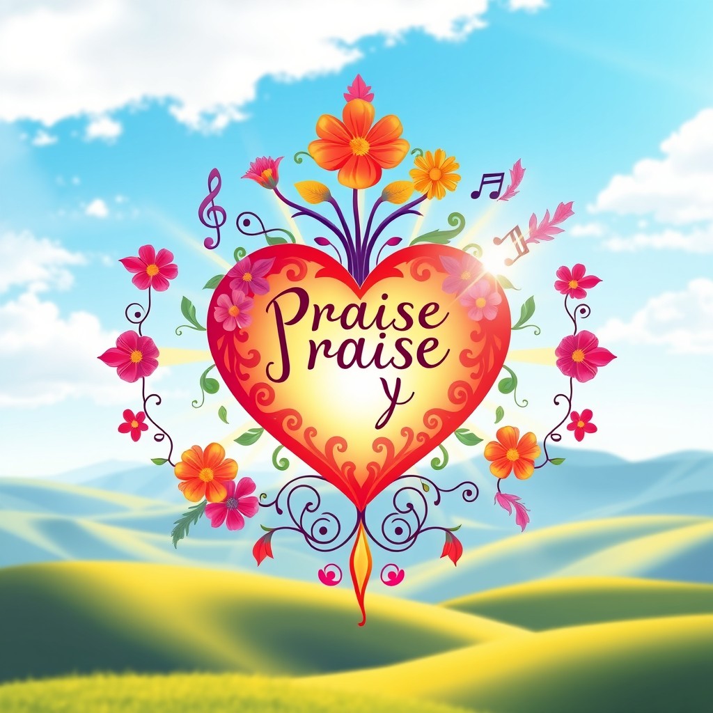 A beautifully illustrated heart shaped design radiating vibrant colors, adorned with floral elements and intricate patterns, symbolizing praise and joy