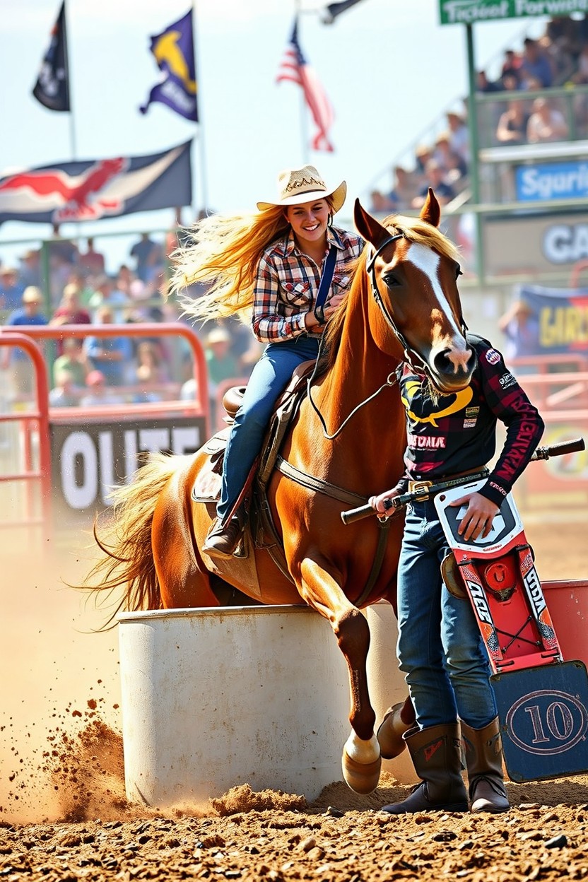 Exciting Rodeo Moments: Barrel Racer & Motocross Love | Idyllic