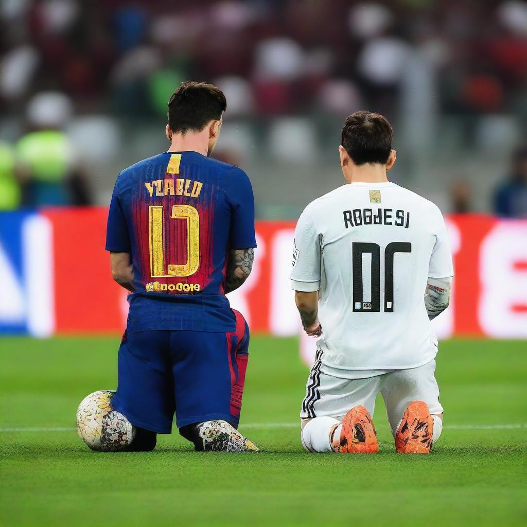Lionel Messi kneeling reverently at Cristiano Ronaldo's feet in a football stadium, both in their respective jerseys under the bright stadium lights.