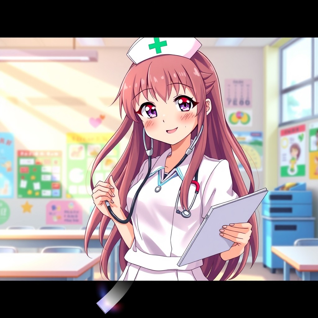 A vibrant and colorful image of a school anime nurse in a bright, cheerful classroom