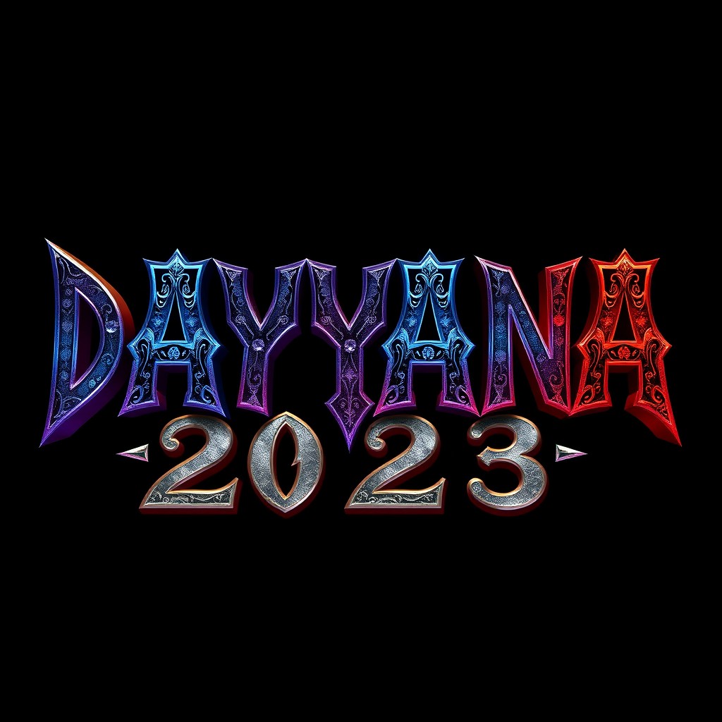 The text 'DAYANA 2023' designed in a metal music style, featuring bold, sharp letters with intricate designs and textures that convey a sense of mystery