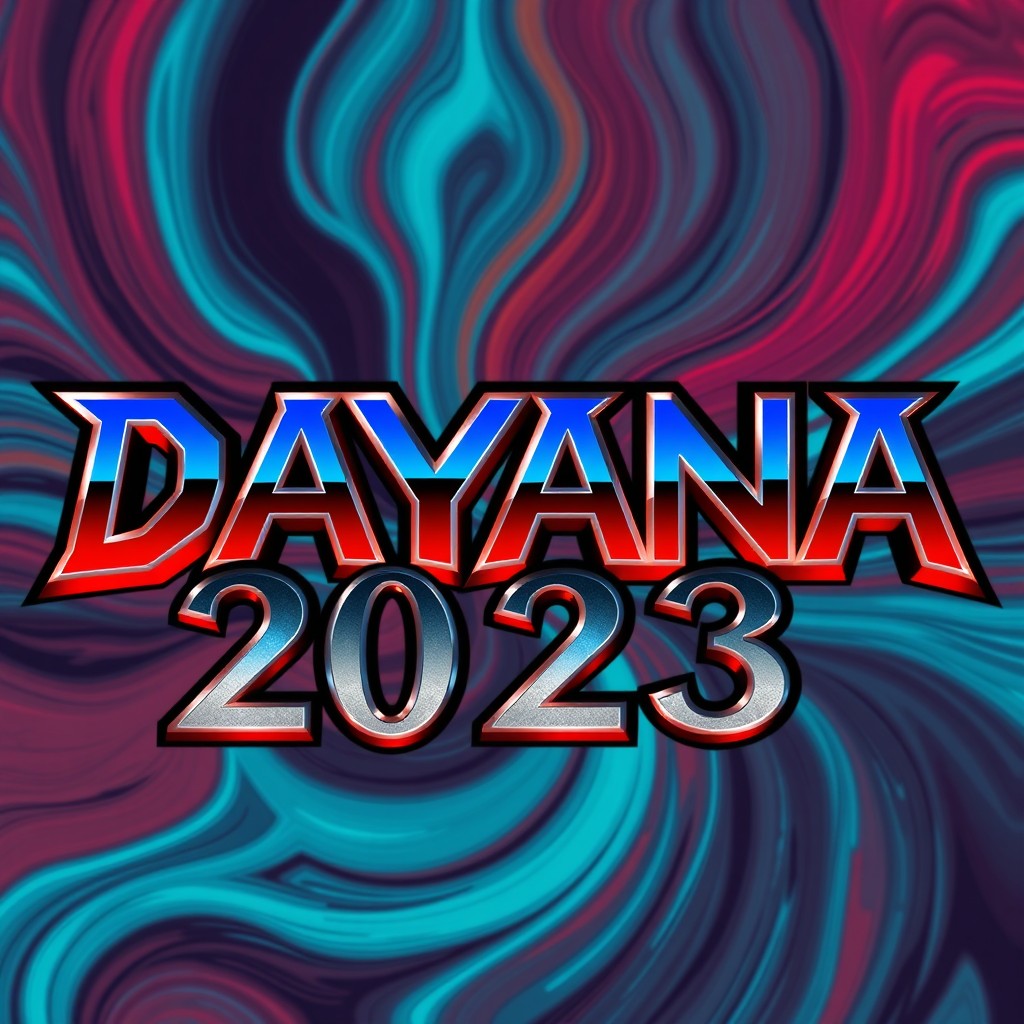 The text 'DAYANA 2023' designed in a bold metal music style, featuring vibrant colors in shades of electric blue, fiery red and metallic silver