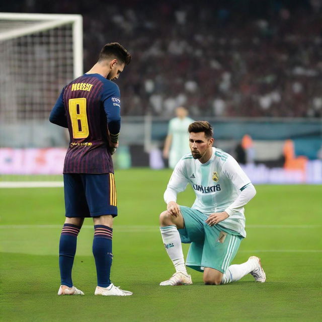 Lionel Messi kneeling reverently at Cristiano Ronaldo's feet in a football stadium, both in their respective jerseys under the bright stadium lights.