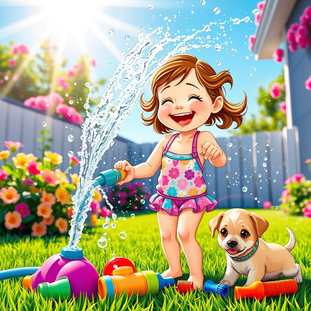 A cheerful and vibrant scene depicting a young girl joyfully playing in a backyard, splashing water from a garden hose
