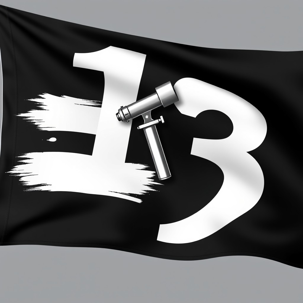 A flag for a painting company featuring the number 13 prominently displayed