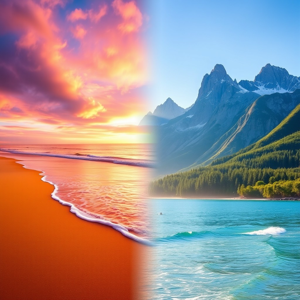 A creative fusion of two photographs featuring a vibrant sunset beach scene and a majestic mountain landscape