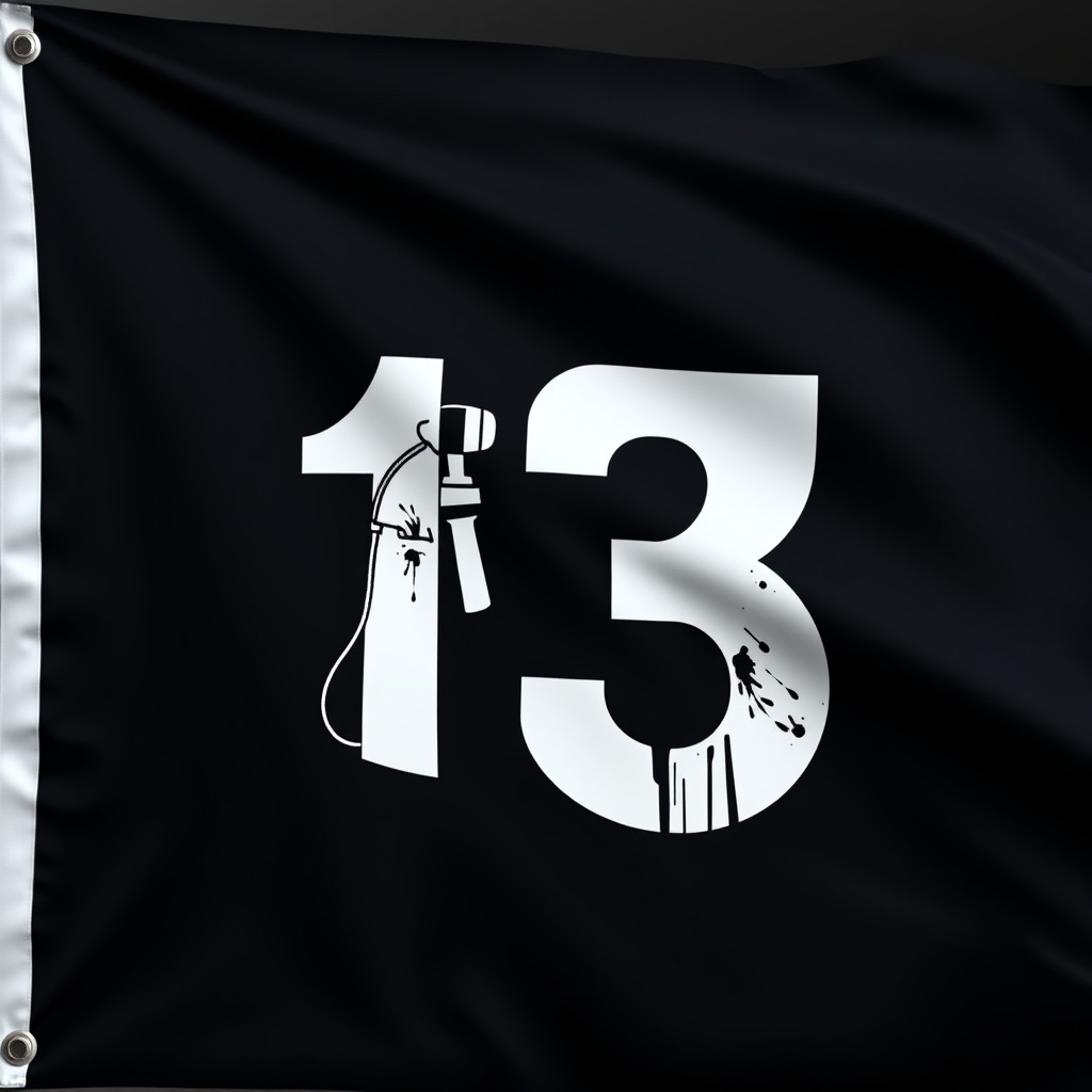 A flag for a paint company featuring the number 13 prominently displayed