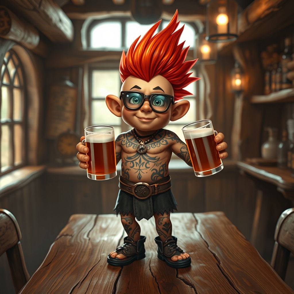 A bronze-skinned halfling character with a vibrant reddish-orange Mohawk hairstyle, showcasing intricate tribal tattoos adorning his body