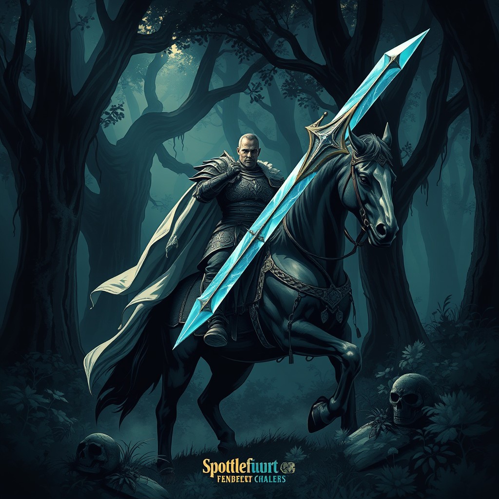 A striking illustration of a powerful warrior clad in intricate armor, confidently riding a massive horse through a shadowy, mysterious woods