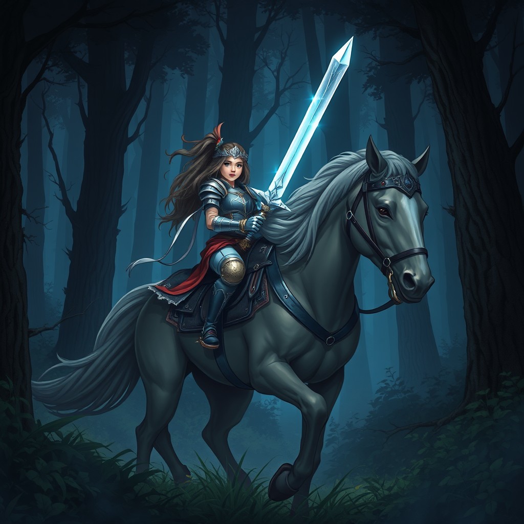 An awe-inspiring illustration of a girl warrior clad in beautifully detailed armor, confidently riding a massive horse through dark, shadowy woods