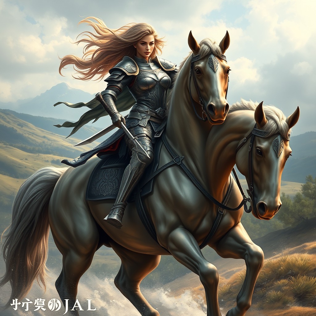 A powerful depiction of a female warrior mounted on a magnificent horse, radiating strength and courage