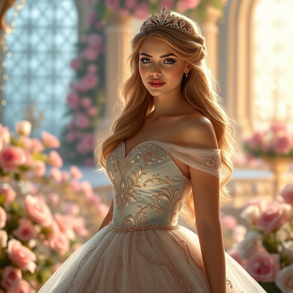 A captivating image of a princess radiating elegance, adorned in a beautifully designed gown that flows gracefully around her