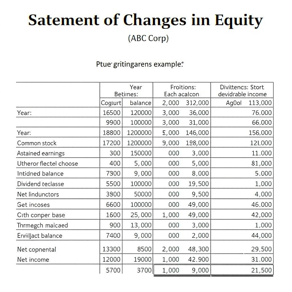 A detailed example of a statement of changes in equity for a fictitious company, 'ABC Corp', showcasing various components like common stock, retained earnings, and other comprehensive income