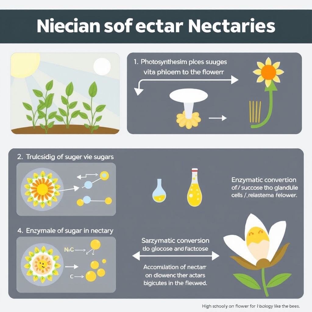 An educational animated infographic illustrating the mechanism of nectar secretion in floral nectaries