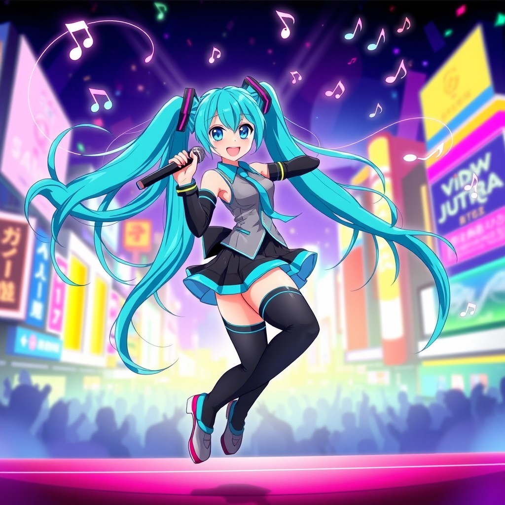A vibrant and dynamic illustration of Hatsune Miku, the iconic virtual idol