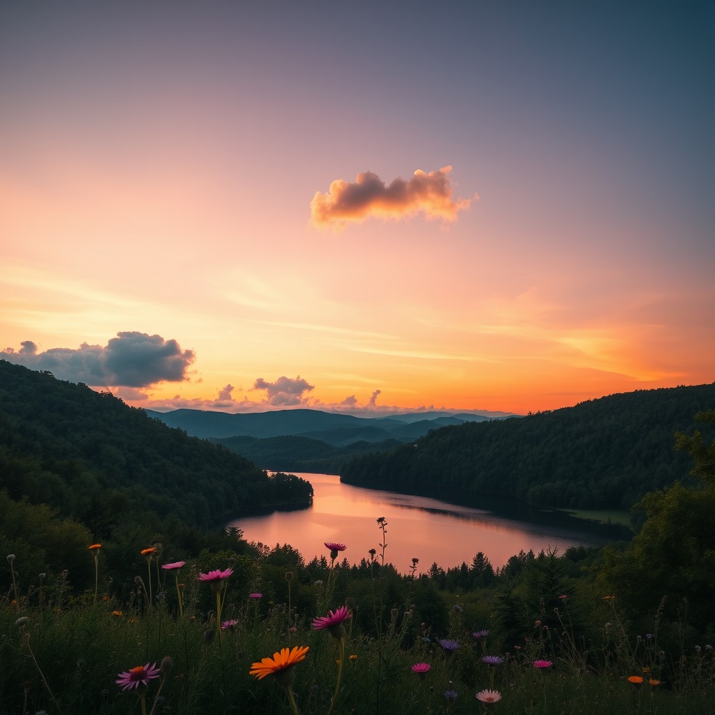 A beautiful, serene landscape featuring a tranquil lake surrounded by lush green forest