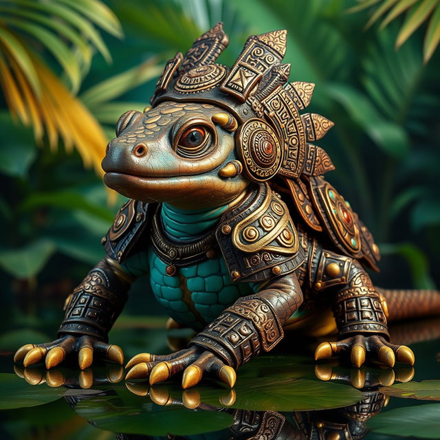 An axolotl adorned with intricate Aztec warrior armor, showcasing detailed carvings and patterns