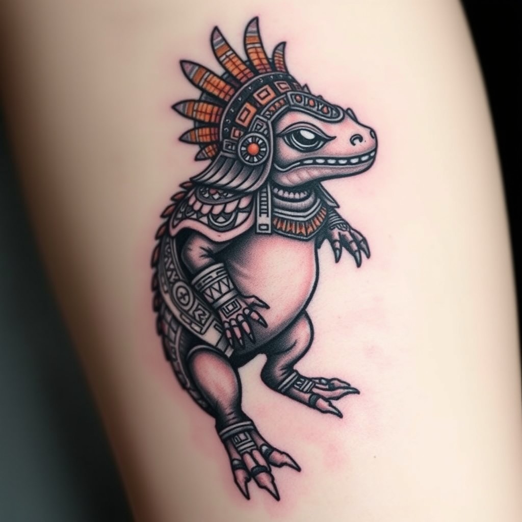 A detailed tattoo design featuring an axolotl adorned with the intricate armor of an Aztec warrior