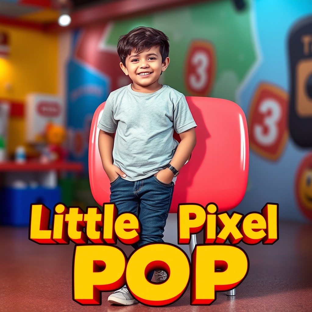A young boy standing next to a YouTube button, leaning against it casually with confidence