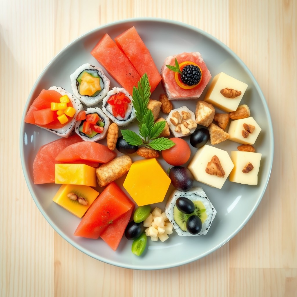 A beautifully arranged plate of hexagon-shaped food items, showcasing a variety of vibrant colors and textures