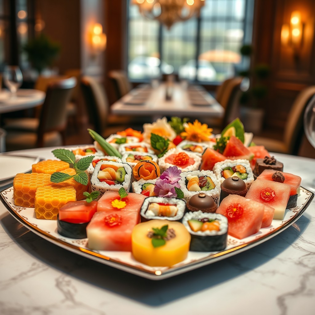 A visually stunning assortment of hexagon-shaped food items displayed on an elegant platter