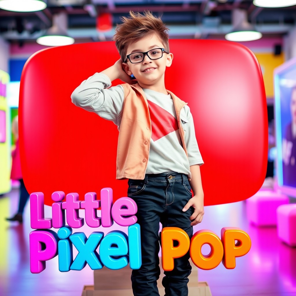 A boy casually standing with one shoulder leaning against a large YouTube play button