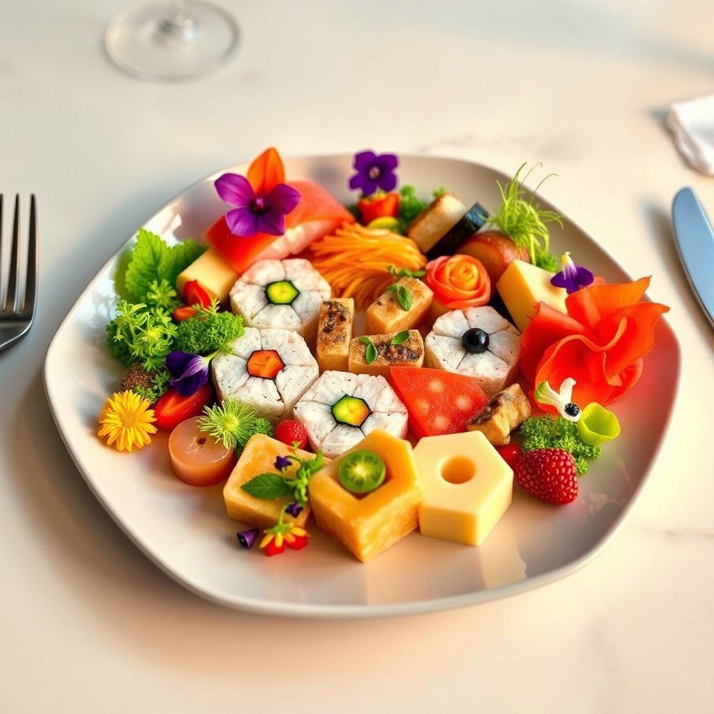 A visually striking plate of hexagon-shaped food artfully arranged on a sleek, modern plate