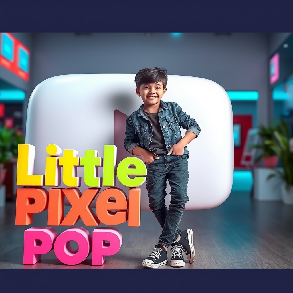 Imagine a young boy casually leaning against a large YouTube play button, exuding confidence and creativity