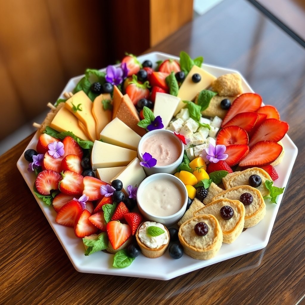 A beautifully arranged hexagon-shaped plate filled with a variety of delicious foods including vibrant salads, slices of gourmet cheese, colorful fruits like strawberries and blueberries, small gourmet sandwiches, and dips, all elegantly presented
