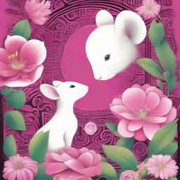 An enchanting book cover art featuring a boy and a white mouse intensely gazing at each other on a vivid pink flower, intricately set against a labyrinth backdrop. Inscribed at the top is 'Flowers for Algernon'