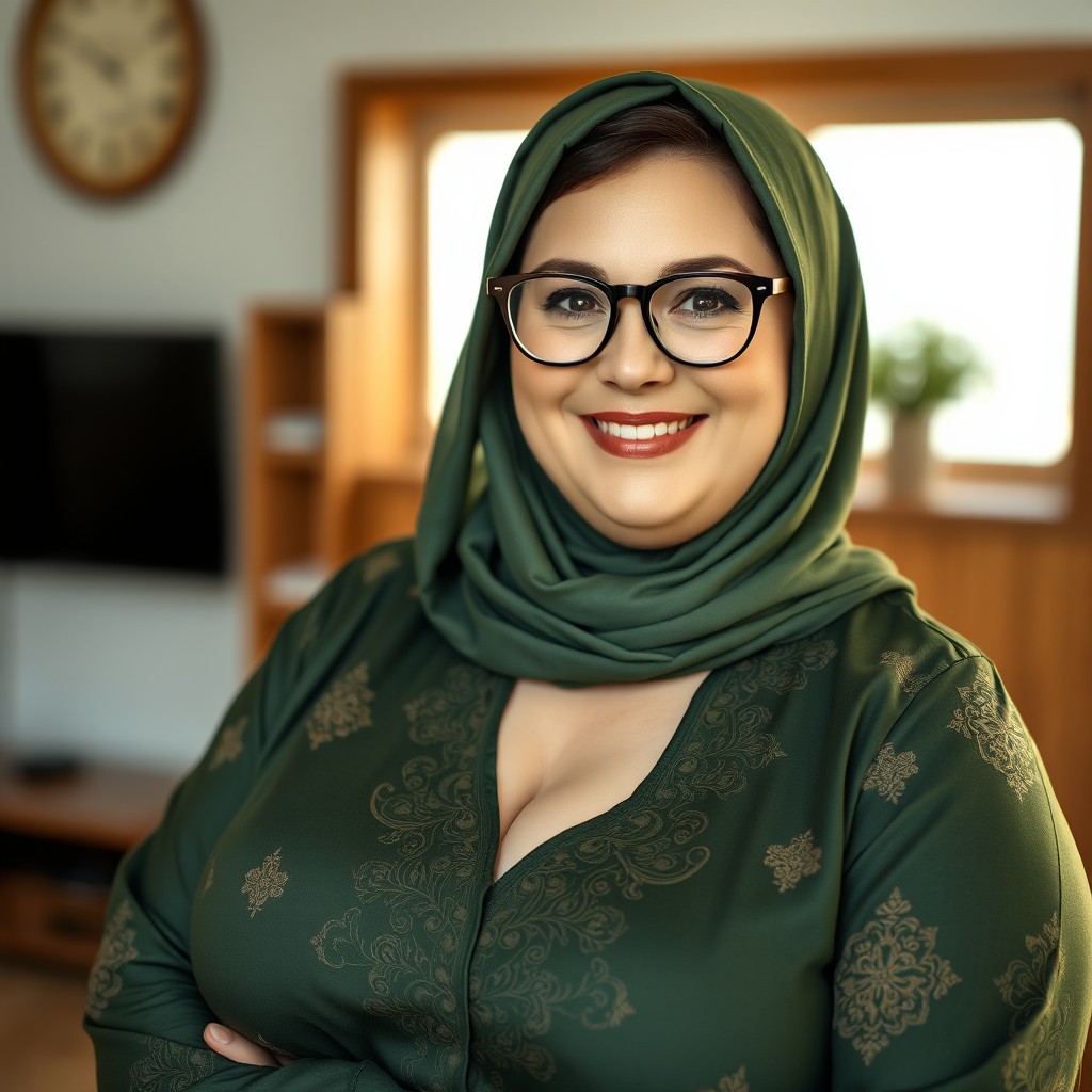 A striking portrait of a 50-year-old Russian woman, charmingly plump and sweet, wearing a green hijab