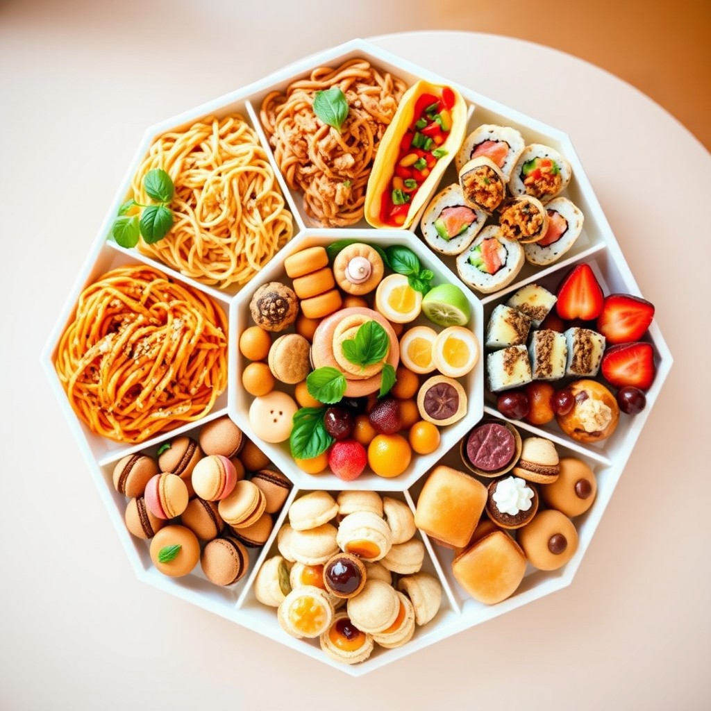 A vibrant and colorful hexagon-shaped display of various delectable foods arranged aesthetically