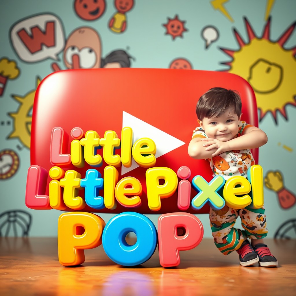 Imagine a young boy playfully leaning against a giant YouTube play button, exuding a humorous and lighthearted vibe