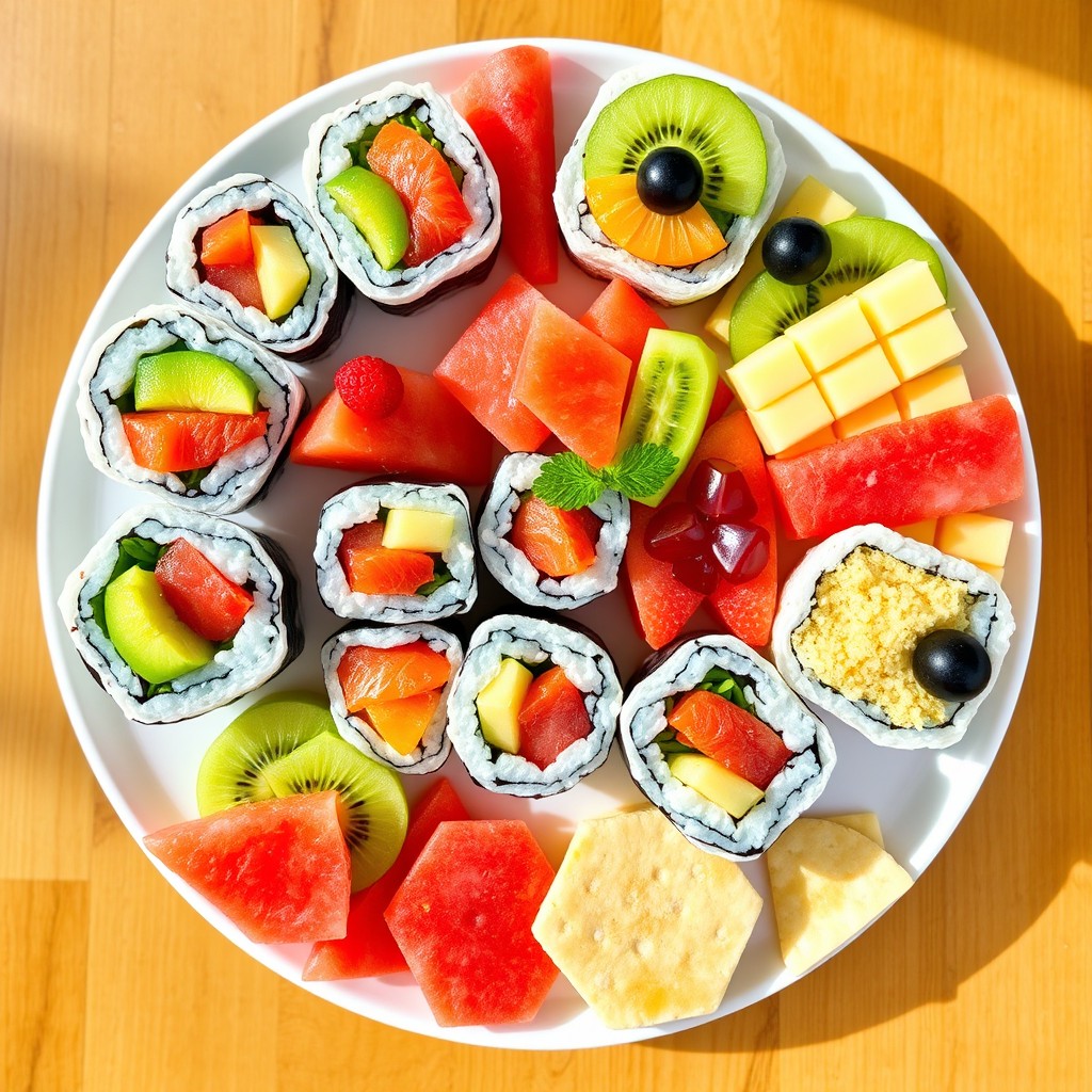 A visually stunning plate of hexagon-shaped foods, including hexagon sushi rolls filled with colorful fresh fish and avocado, hexagonal slices of fruit such as watermelon, kiwi, and pineapple arranged beautifully, and hexagon-shaped cheese and crackers