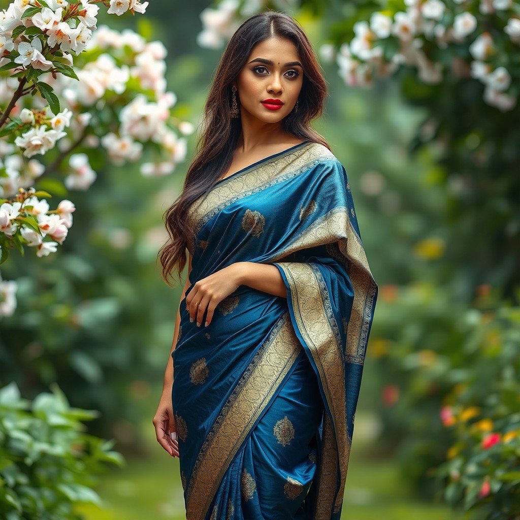 A beautiful woman wearing a traditional wet saree that clings elegantly to her curves