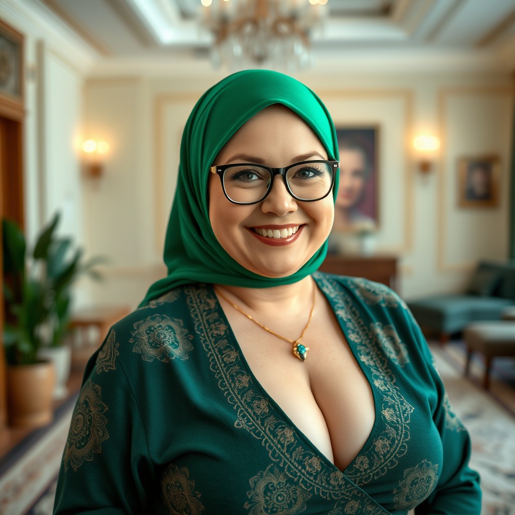 A charming and delightful portrait of a 50-year-old Russian woman, plump and sweet in appearance, wearing a vibrant green hijab
