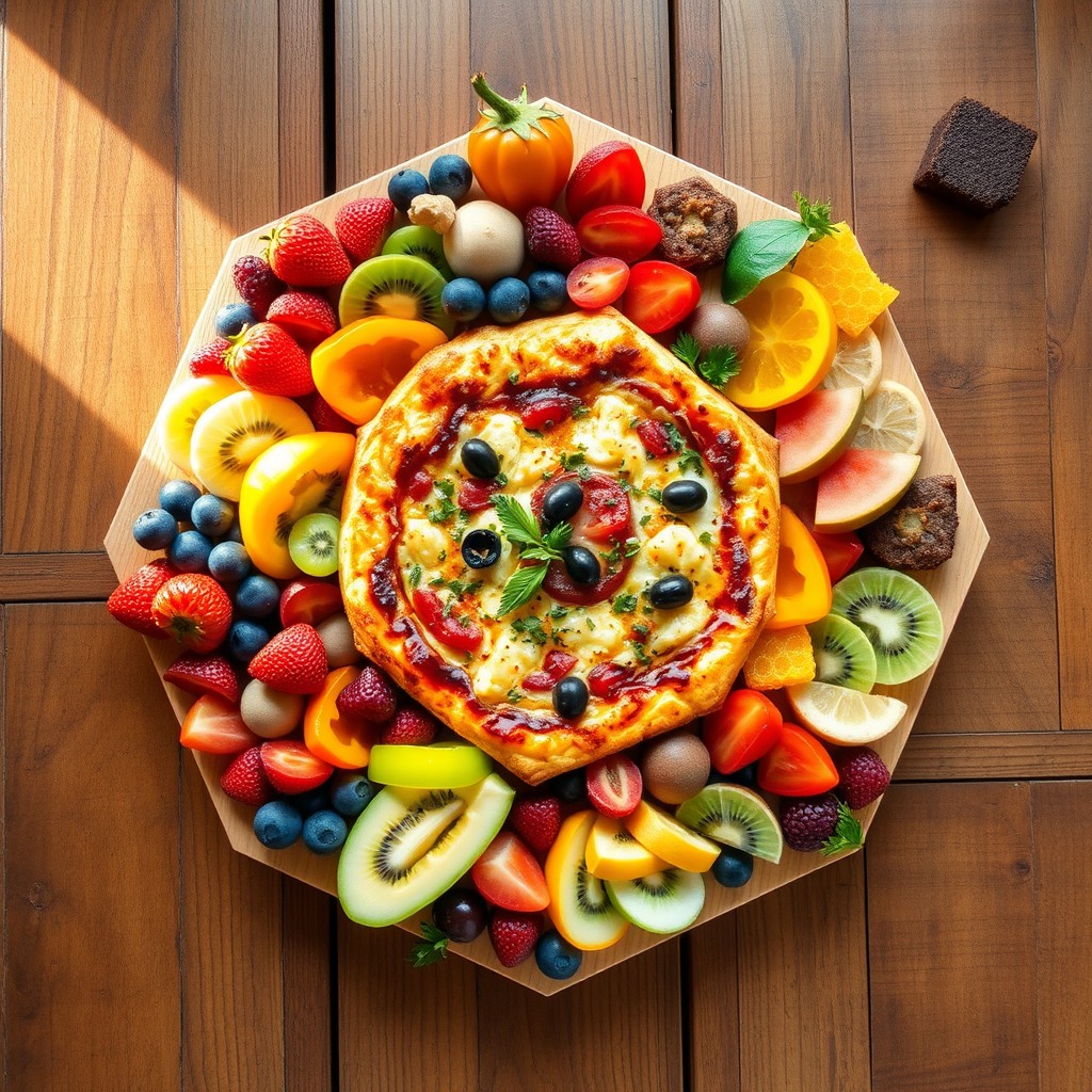 A visually stunning arrangement of various foods shaped into a hexagon