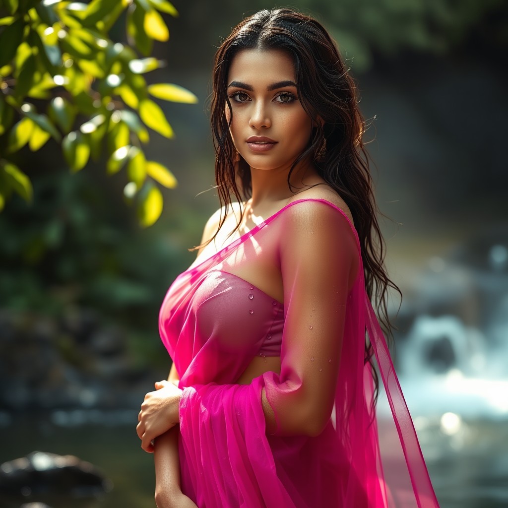 A stunning woman wearing a wet, transparent saree that clings elegantly to her body, revealing soft curves while maintaining a sense of allure