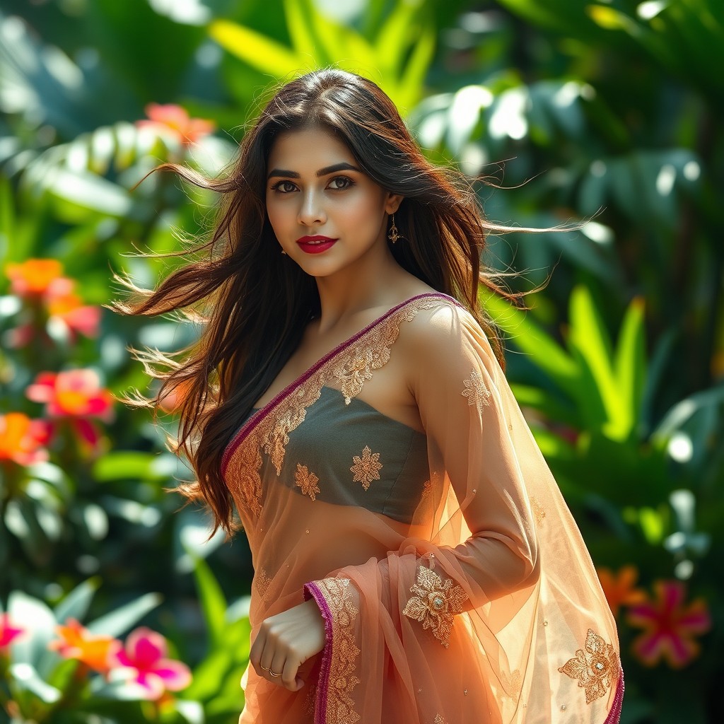 A beautiful woman wearing a wet transparent saree, clinging to her curves, showcasing intricate patterns of the fabric