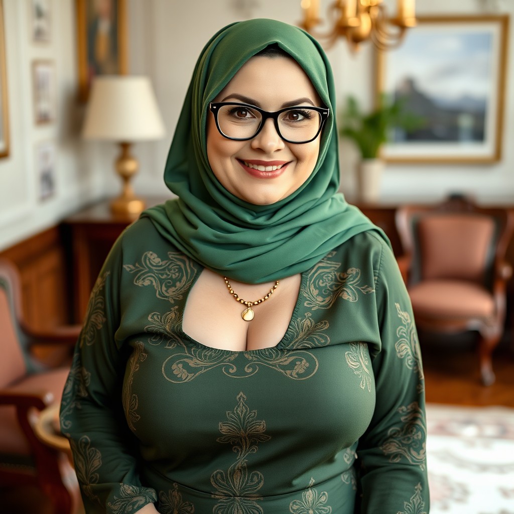 A beautiful portrait of a 50-year-old Russian woman, pleasantly plump and sweet in appearance, wearing a vibrant green hijab