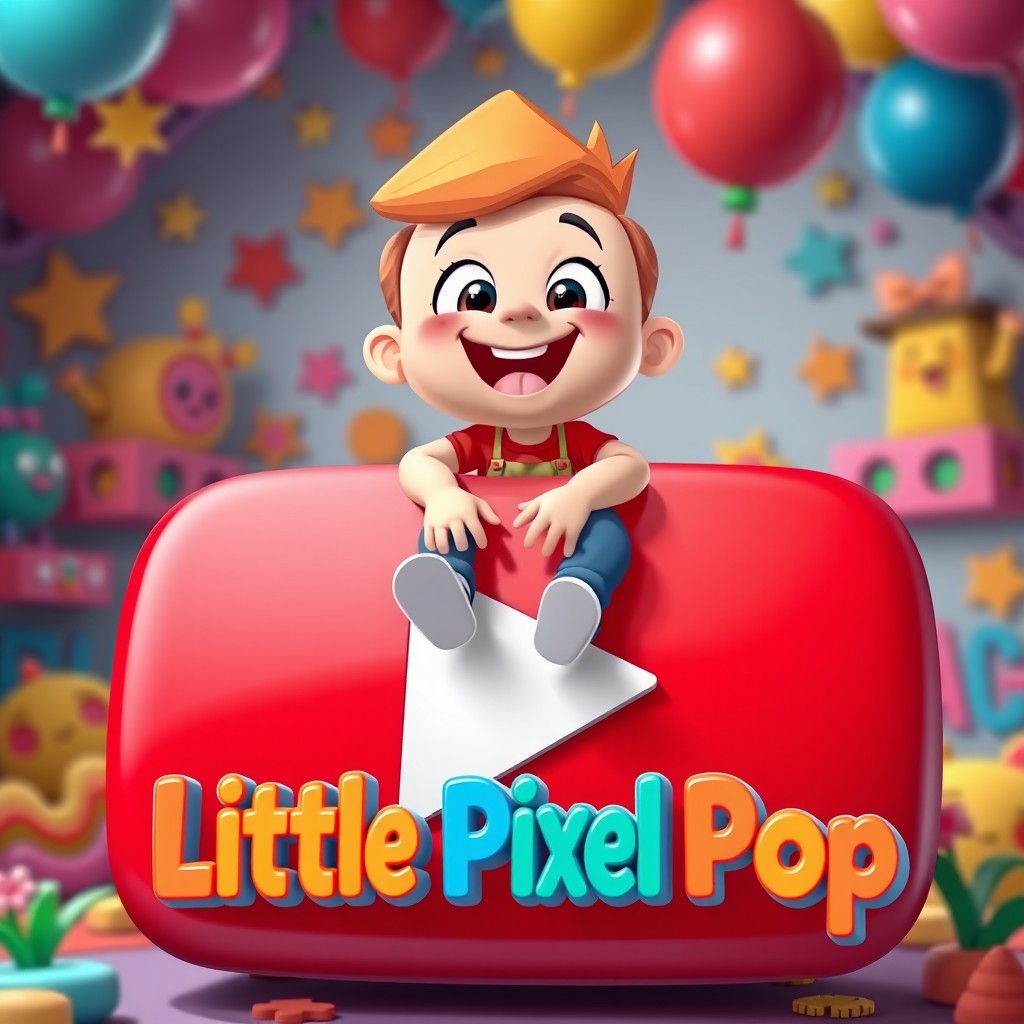 A funny cartoon-style boy sitting on a giant YouTube play button, looking up with a big smile