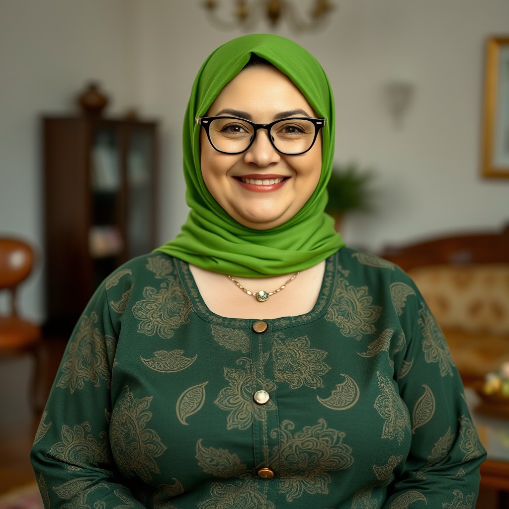 A stunning portrait of a 50-year-old Russian woman, delightfully plump and sweet in appearance, wearing a vibrant green hijab