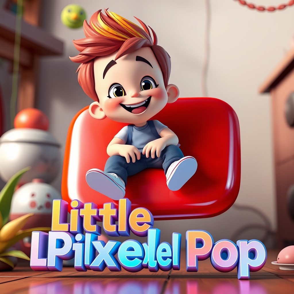 A funny cartoon-style boy sitting on a giant YouTube play button, smiling joyfully while looking at the viewer