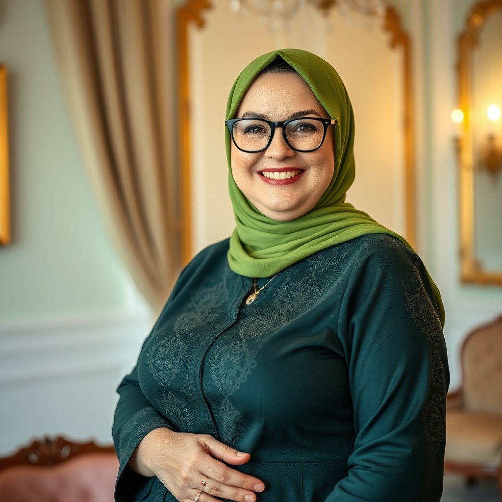 A delightful and beautiful portrait of a 50-year-old Russian woman, pleasantly plump and sweet in appearance, wearing a vibrant green hijab