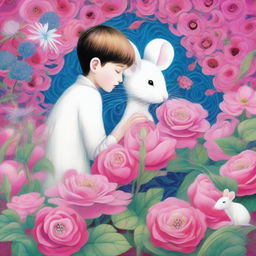 An enchanting book cover art featuring a boy and a white mouse intensely gazing at each other on a vivid pink flower, intricately set against a labyrinth backdrop. Inscribed at the top is 'Flowers for Algernon'