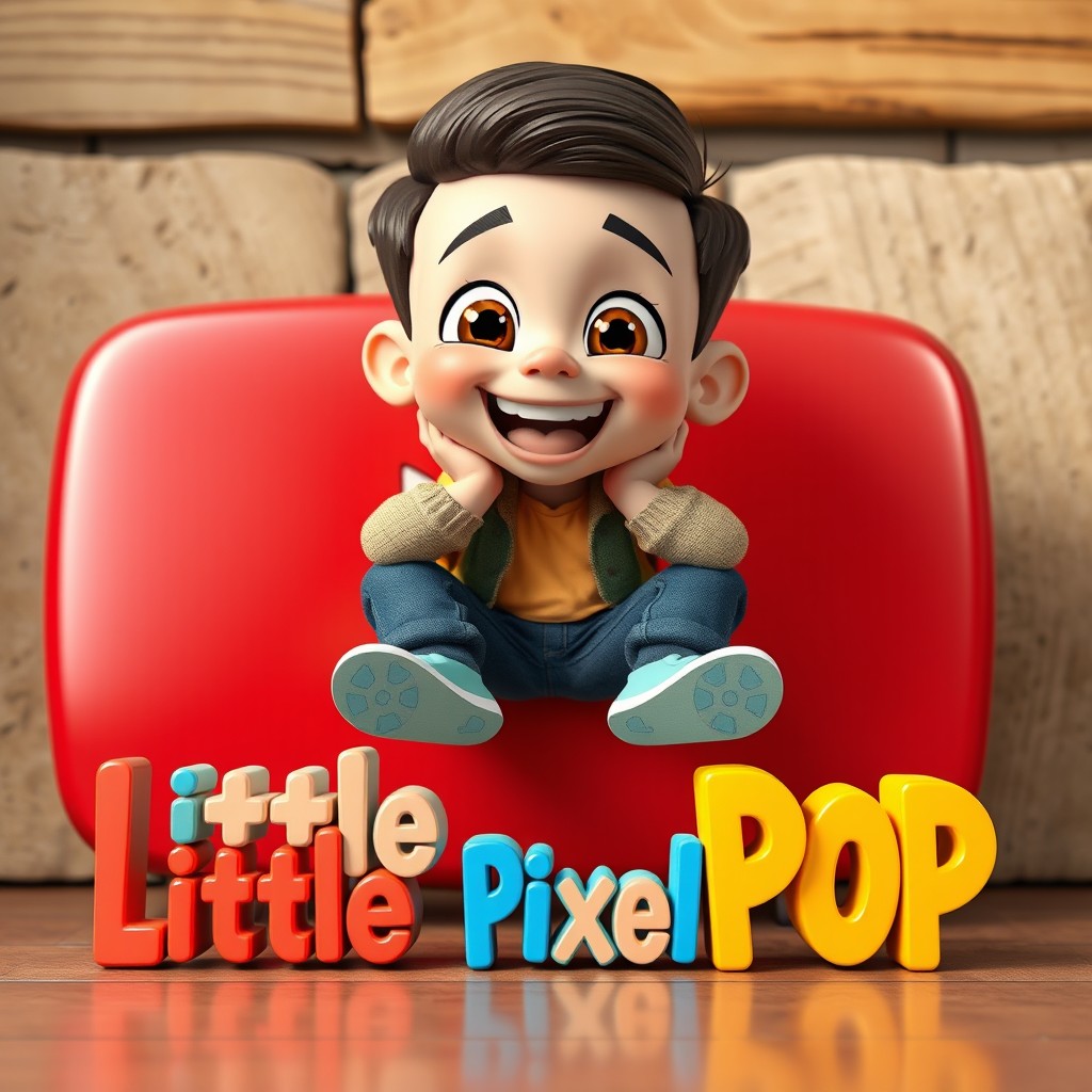 A funny cartoon-style boy sitting on a large YouTube play button, smiling widely while looking at the viewer